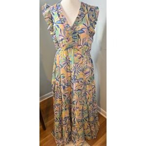 Jade Melody Tam Floral Maxi Dress Size M Flutter Sleeve Tiered Multicolor